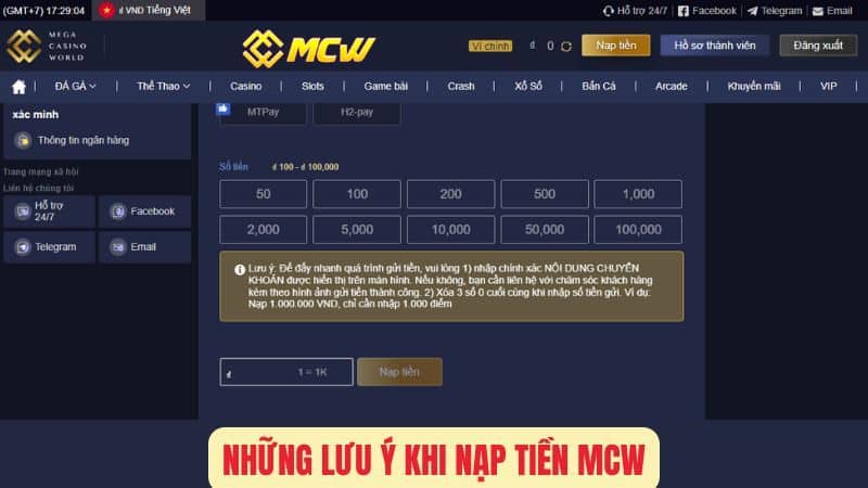 Những Lưu Ý Khi Nạp Tiền MCW